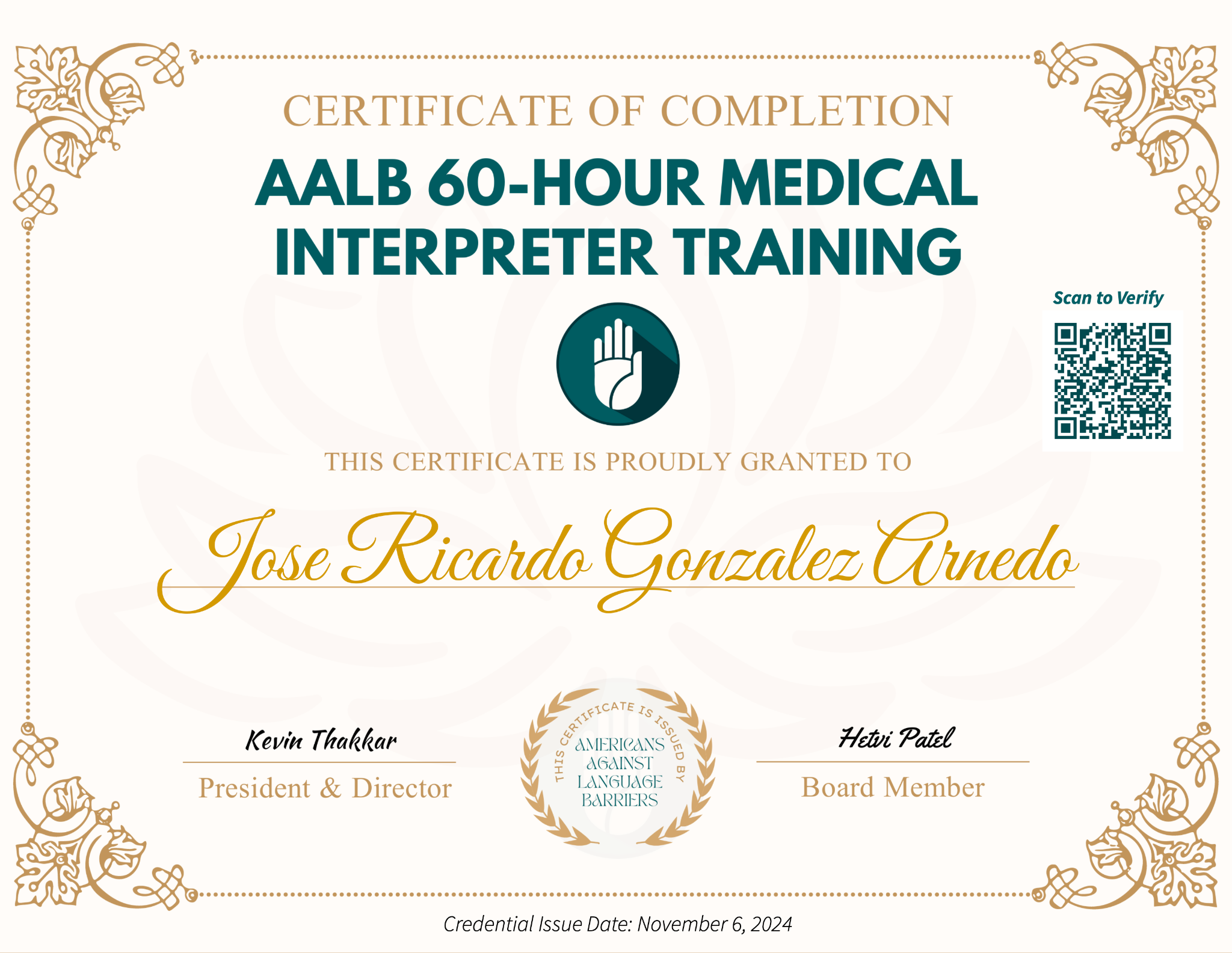 Ricardo’s AALB medical interpreter training certificate
