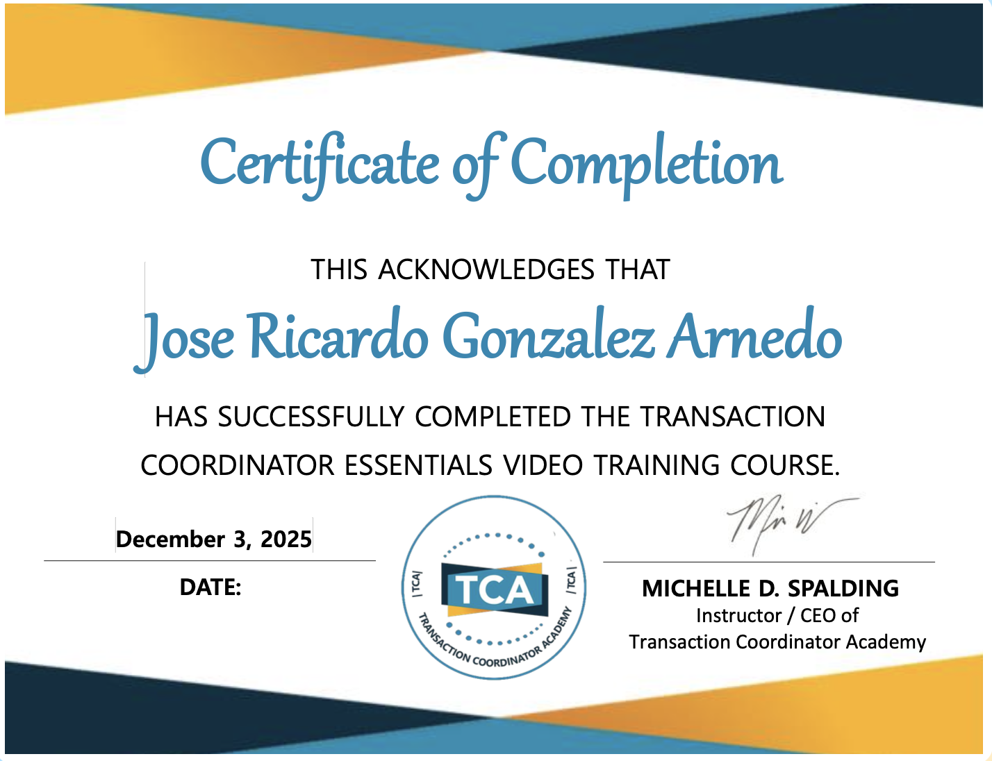Ricardo’s Transaction Coordinator Essentials certificate