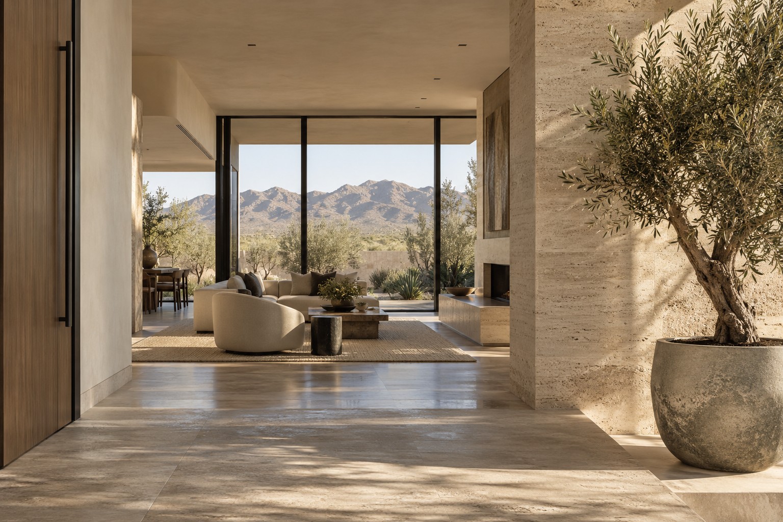 A sunlit desert home with natural stone, an olive tree, and black-framed glass overlooking the mountains